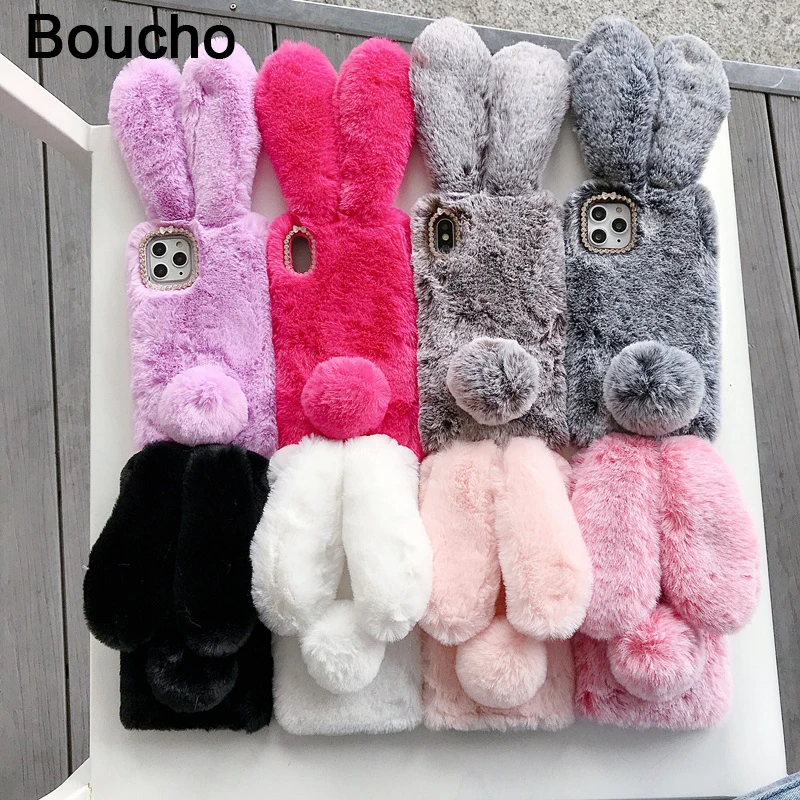Boucho Cute Rabbit Hairy Warm Fur case for iPhone 14 12 13 Pro Max XS 11 Pro SE 6 6S 7 8 Plus X XR 5 5s Fashion Lady Case Cover