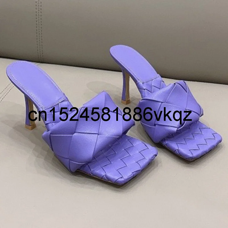 

New Woven Spliced Square Toe Sandals Candy-colored High Heels 9cm Leather Women Shoes Slip-On Girls Sandals