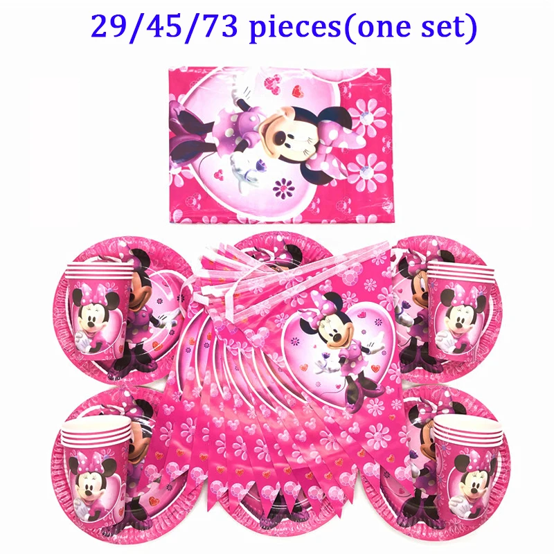 

Minnie Birthday Banner Flags Party Decorations Set Minnie Mouse Girl Disposable Cup Plate Tablecloth Baby Shower Party Supplies