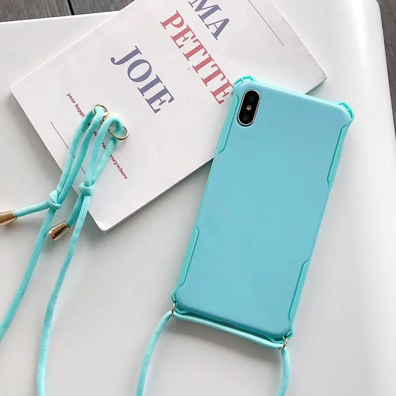 Blue and Strap Простой чехол карамельного цвета для iPhone 11 Pro XS MAX X XR 8 7 6 S Plus сплошной цвет Пластиковый ударопрочный Твердый чехол с плечевым ремнем - Цвет: Blue and Strap