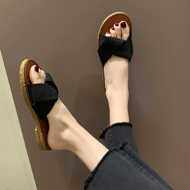 

Flock Slippers Casual Shoes Slides Slipers Women Shale Female Beach Low Luxury Soft Flat 2021 Sabot Basic Rome PU Rubber