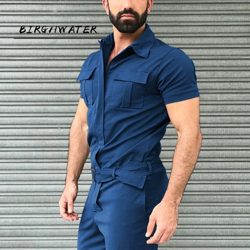 

Solid Color Fashion 2021 Men's Wide Leg Loose Siamese Trousers Long Sleeve Pocket Street Dress Workwear Men Jumpsuit