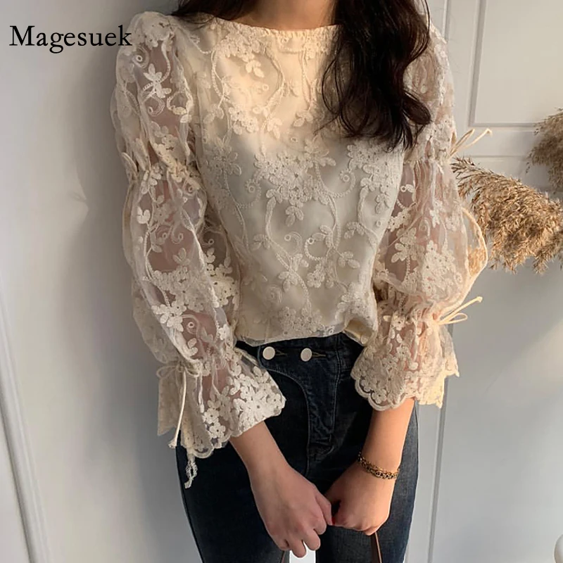 

Spring Embroidered Floral Lace Shirt Fashion New Flare Sleeve Women Blouse Elegant Casual Girl Chiffon Tops Blusa Womens 13499