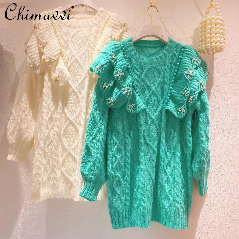 

Женский плотный свитер 2021, зимняя одежда, корейская мода, милый пуловер средней длины со стразами и оборками в стиле пэчворк