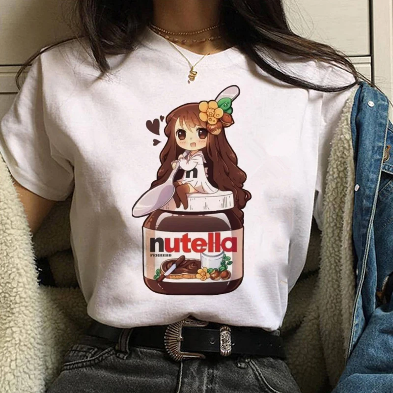 

Women T-shirt Lovely Nutella Printed Top Female Tshirt Harajuku Summer Cartoon Print Shirts Short Sleeve O-neck Tops Tee Clothes