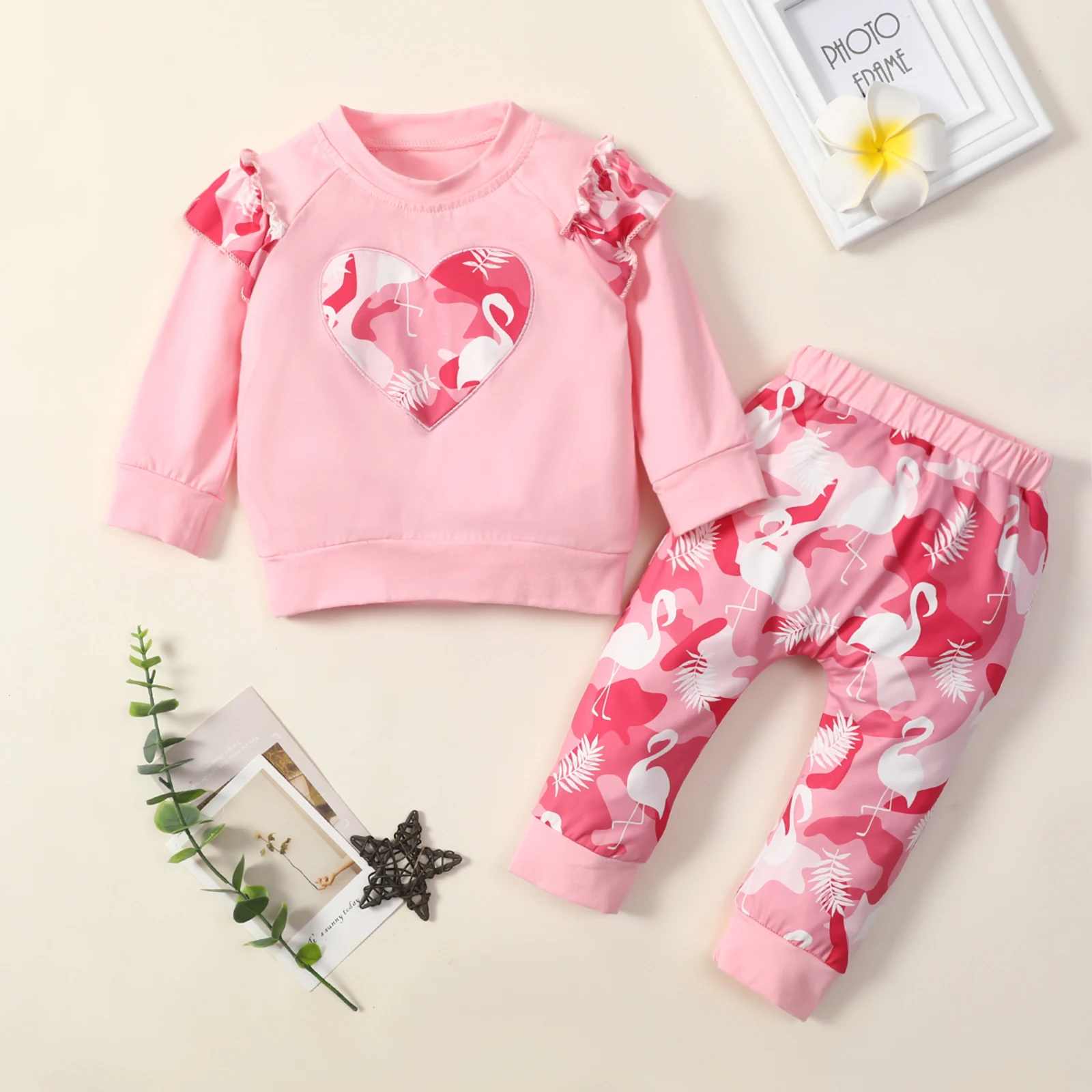 

Toddler Girls 2Pcs Fall Outfits, Ruffle Long Sleeve Bird Print Pullover and Pants Clothes Set