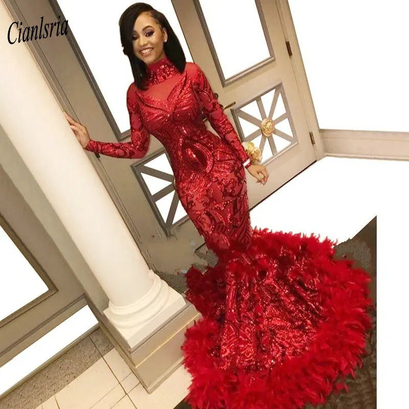 

Красное вечернее платье с высокой горловиной и блестками, вечернее платье в африканском стиле с юбкой-годе, с длинным рукавом и перьями, офи...