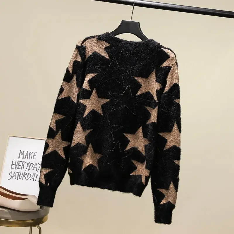 

Star knitted cardigan women's short five pointed star sweater imitation mink coat autumn winter coat