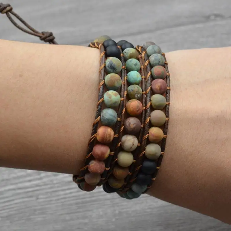 Винтажные кожаные браслеты 6 мм матовый камень 3 пряди плетеные Многослойные