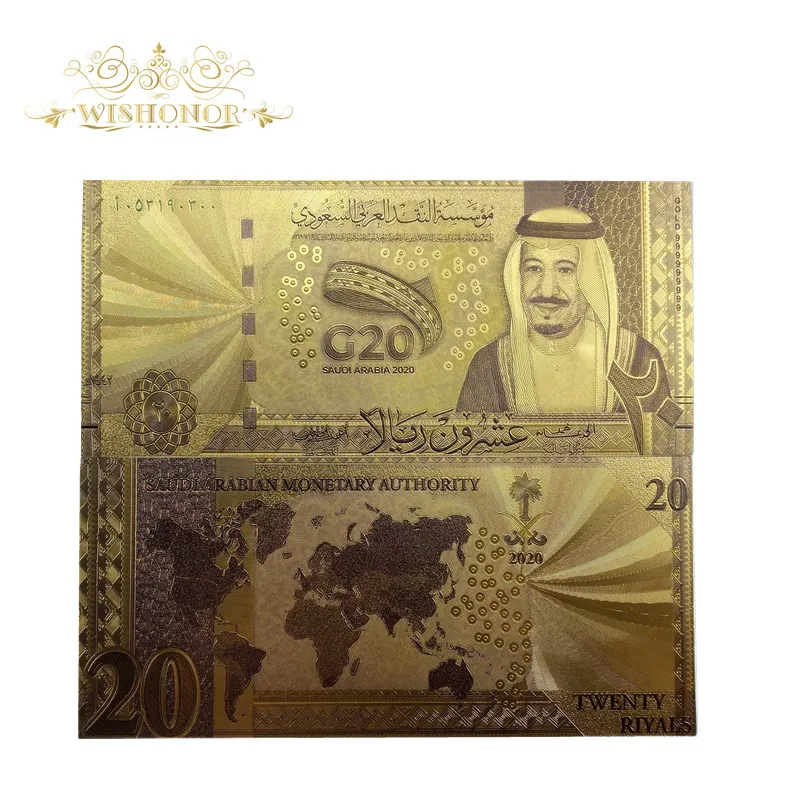 

10pcs/lot G20 Saudi Arabia 2020 Banknote 20 Riyal Banknote in 24K Gold Plated Bills For Home Decor And Collection