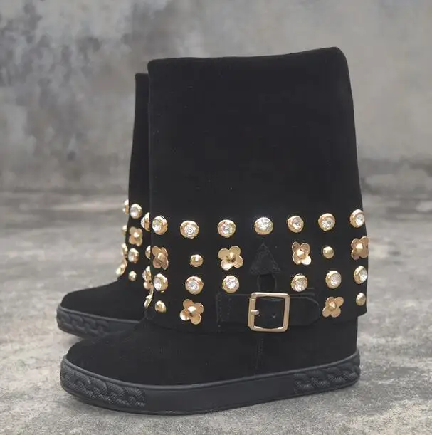 

Fashion Woman Black Suede Flower Crystal Rivets Studs Mid-calf Boots Fold Slip On Round Toe 8 cm Hidden Wedge Short Boots Shoes