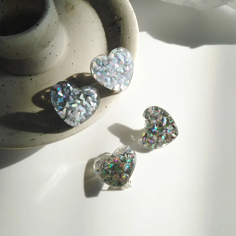 Акриловые милые серьги в форме сердца блестящие полимерные клипсы без пирсинг
