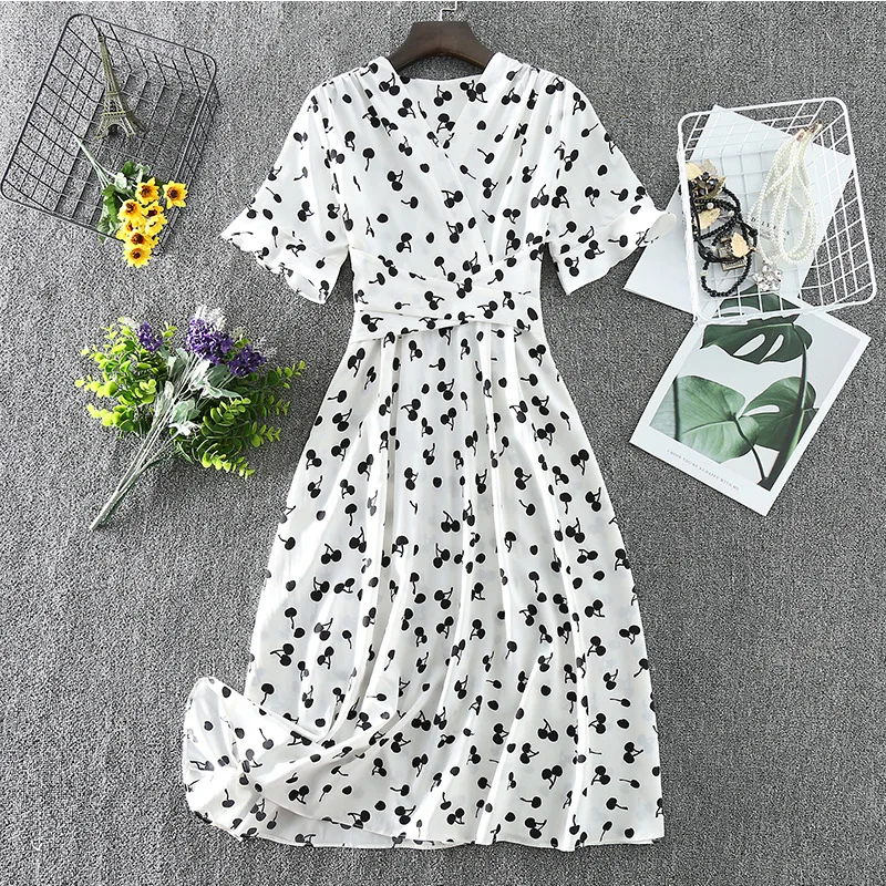 

Summer Women Dress 2020 French Style V Neck Print Short Sleeve Slim A Line Dress Fashion Casual Fresh Knee Length Dresses
