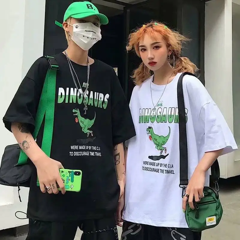 

tshirt couples South Korea Ulzzang Summer Retro Harajuku Wind Cartoon Dinosaur Printed Versatile Loose Short Sleeve T-shirt Men