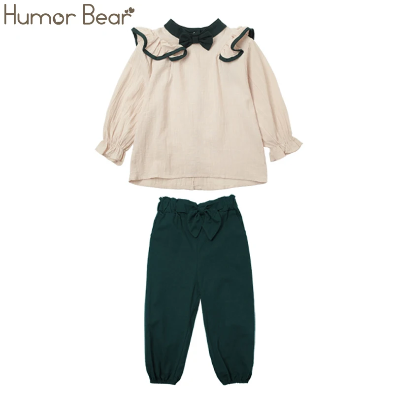 Humor Bear/От 4 до 13 лет, новинка года, Осенний Детский костюм Корейская версия для маленьких девочек, с длинными рукавами и рюшами+ штаны Весенняя детская одежда из 2 предметов