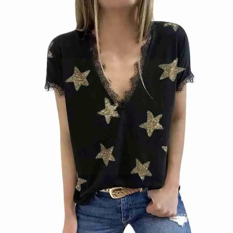 

Summer Tops Plus Size Wosummer Tops Plus Size Women Printed Short Star Shine T Tee Sleeve Neck Patchwork V Lace Abba T Shirt
