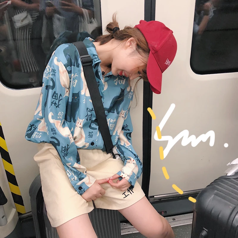 Женская рубашка с длинным рукавом и принтом кота Повседневная летняя Kawaii Ulzzang