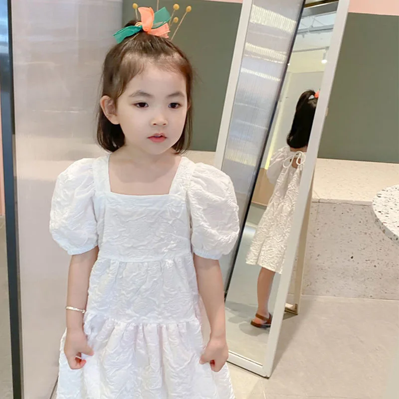 

2021 New Summer Girl White Party Dress Flower Puff Sleeve Princess Dress Costume Kids