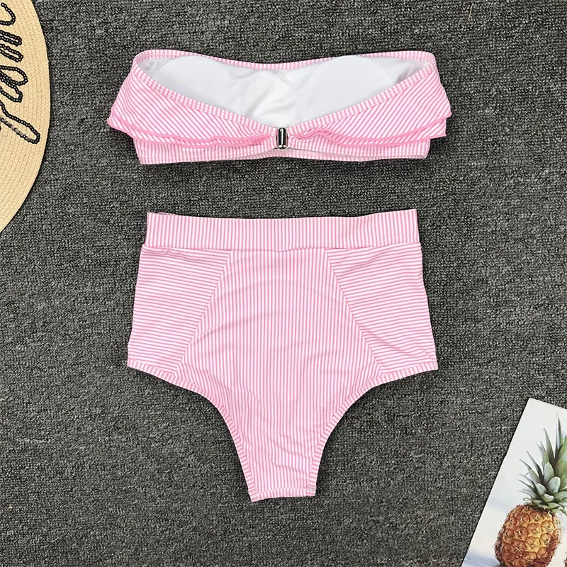 Tube Top Girls Bikini Brazilian Push Up Pleated Stripes Ruffles Biquini Swimwear Women Swimsuit Mujer Beach Wear Bathing Suit | Женская