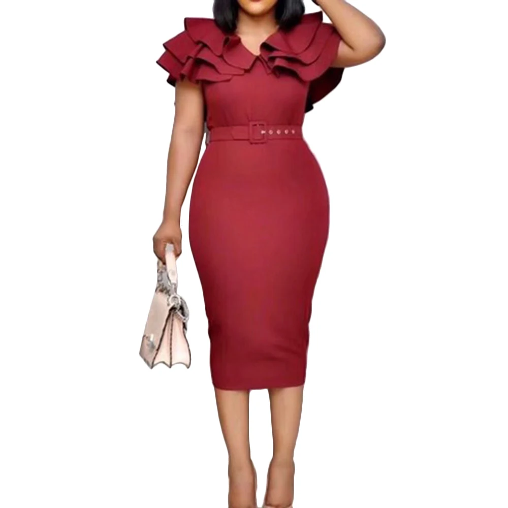 Однотонное женское офисное платье 4xl с высокой талией и оборками цвет