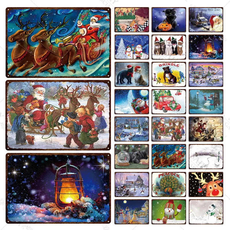 

Happy Christmas Metal Tin Sign Cute Cat Santa Elf Snowman And Christmas Tree Metal Poster For Bar Club Room Christmas Home Decor