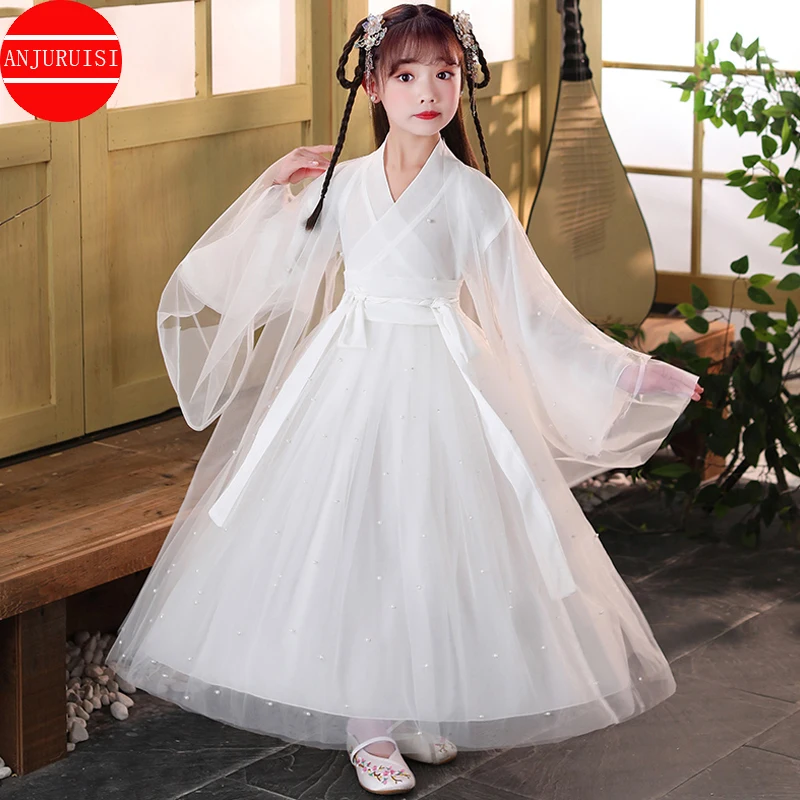 

Pearl Tulle Flower Girl Dresses Flare Sleeves Vestido Infantil Menina Longo Comunion Niña Festa Chinese Robe Princesse Enfant