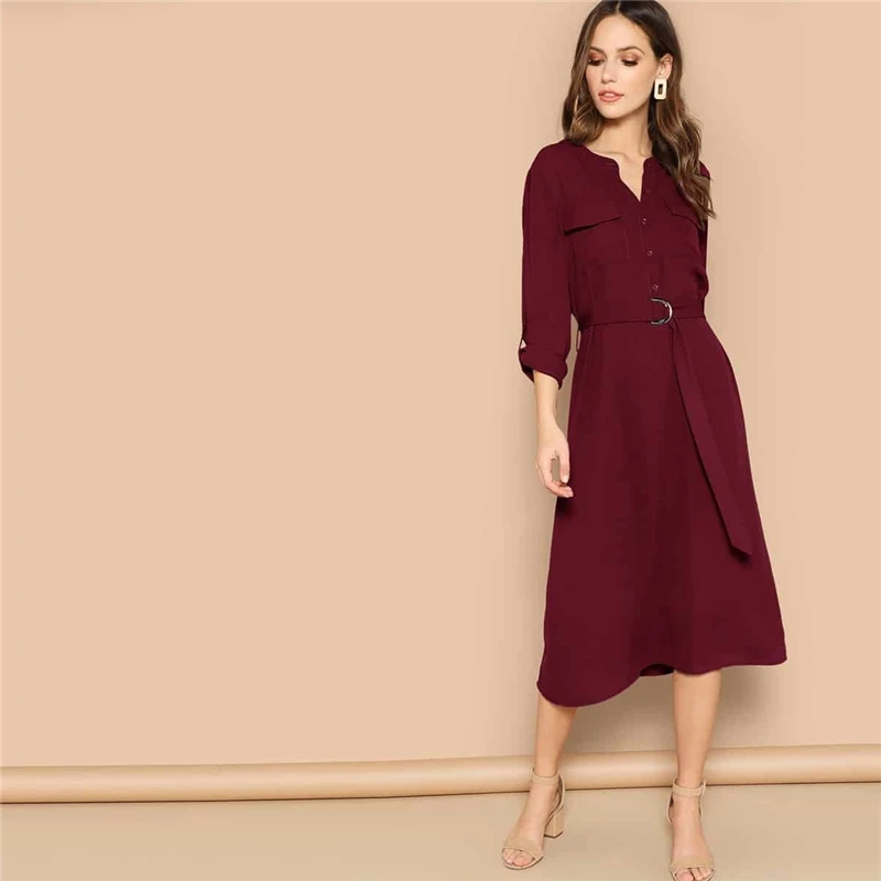 SHEIN закатать рукава рубашки с карманами поясом длинное платье Для женщин Весна с круглым вырезом Повседневное платье с длинным рукавом Женские миди платья