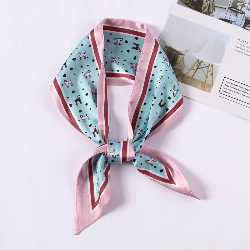

NEW Cute Puppy Women Small Silk Scarf Bandana Handle Bag Ribbons Female Head Scarves Sharp Neckerchief Variety Headband 90*10cm