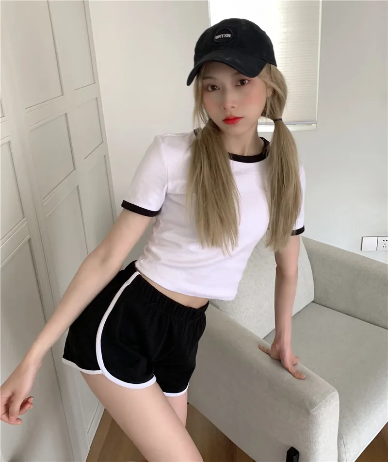 

Summer Crop Top Tshirt + Shorts Two Piece Sets Women Casual Beach Sportswear Fashion Matching Suit Green Kawaii Female Outfits