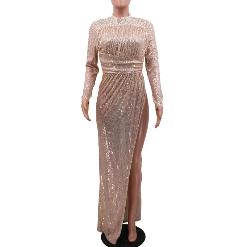 

Sexy Woman Sequins Maxi Dress O Neck Long Sleeve Hollow Out Back Bodycon Slit Party Dress Elegant Dress