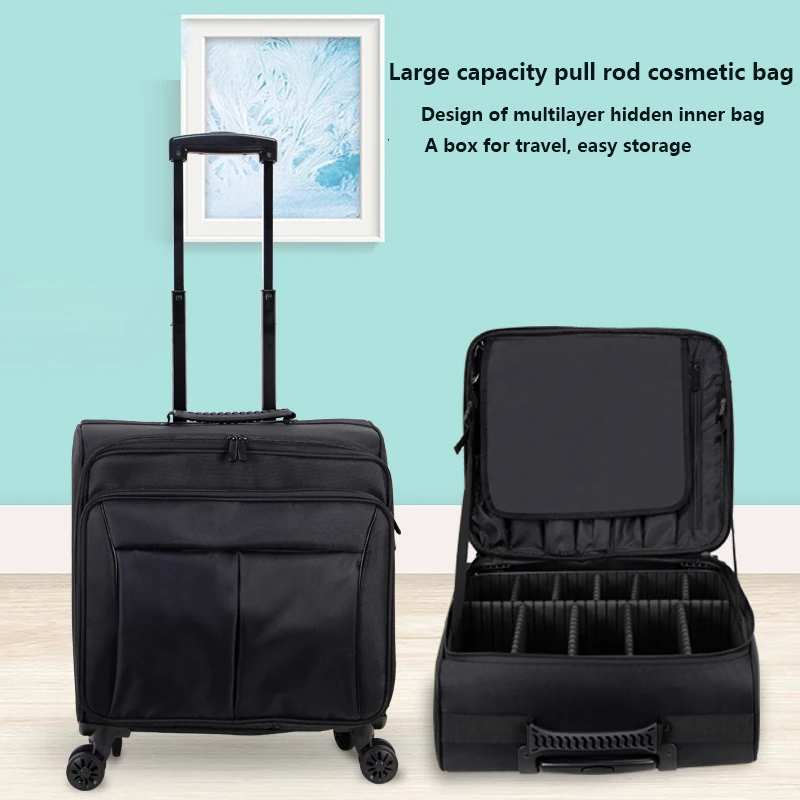Makeup Suitcase On Wheels Women Scooter Travel Black Canvas Small Suitcases Folding Rolling Luggage Professional Make Up Trolley