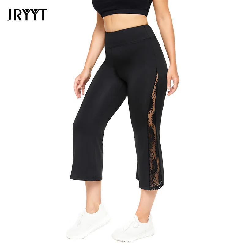 

Брюки JRYYT женские кружевные до середины икры, расклешенные брюки для фитнеса с вырезами и завышенной талией, блестящие, для йоги, черный цвет...