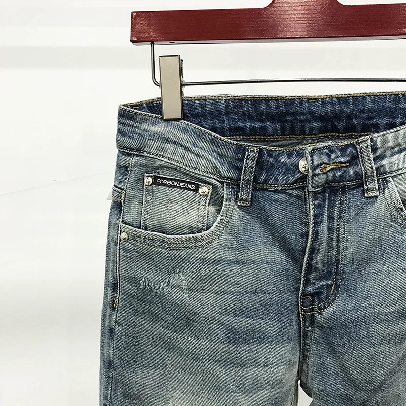 

2021 summer thin wear badge embroidery youth stretch slim Leggings men's light blue jeans fashion