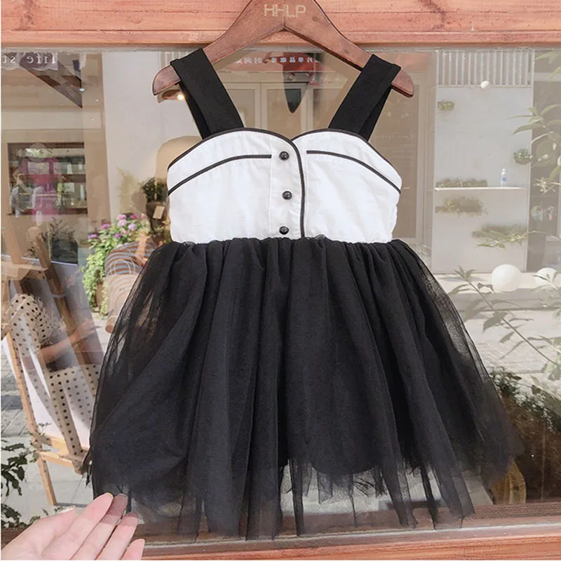 

Toddler Girls Tulle Dress Kids Baby Clothing Suspenders Puffy Skirt Princess Party Black And White Stitching Children Costume