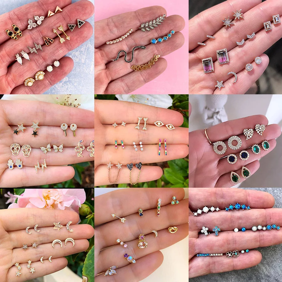 Комплект женских серег гвоздиков с кристаллами и звездочками|Серьги-гвоздики| |