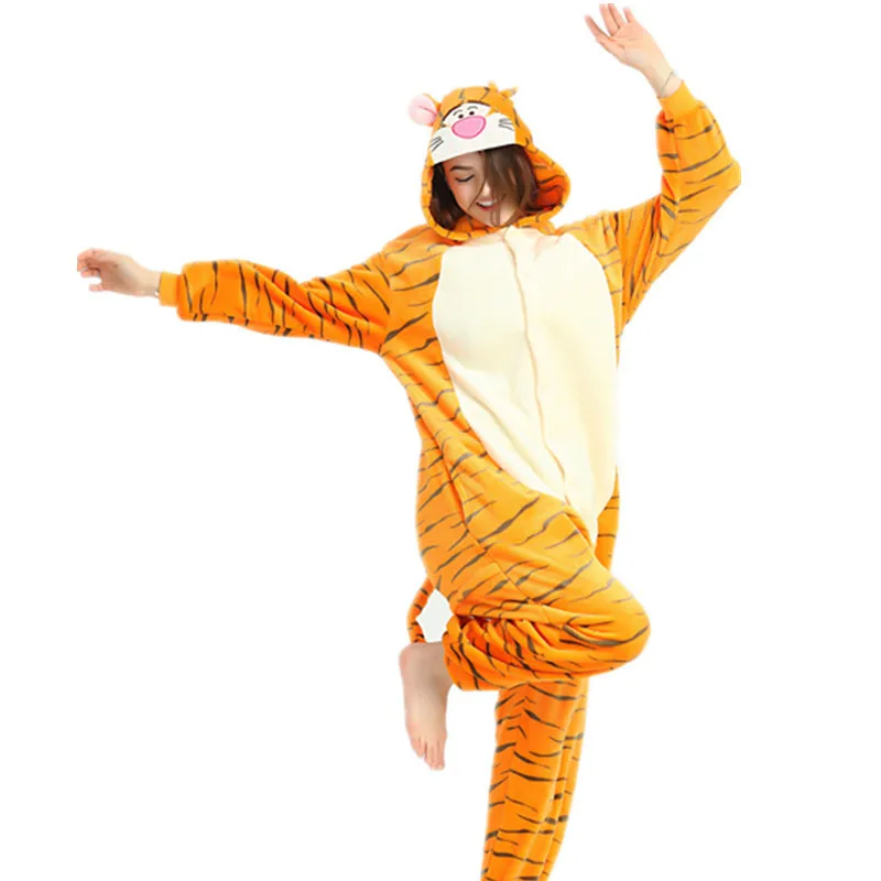 Cute Cartoon Kigurumi Tiger Pajamas Long Sleeve Hooded Onesie Adult Women Animal Halloween Christmas Sleepwear