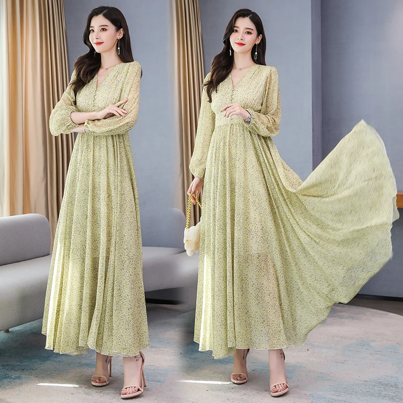 

French Elegant Floral Long Dress Spring Summer New V-neck Long Sleeve Chiffon Dresses Women Plus Size Clothes