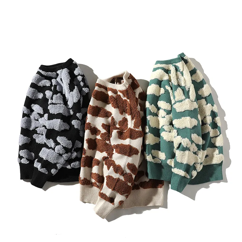 

Mens Pullover Round Neck Thick Cotton Knitted 2021 Men Sweaters Autumn New Original 3D Cloud Pattern Loose Casual Couple Sweater