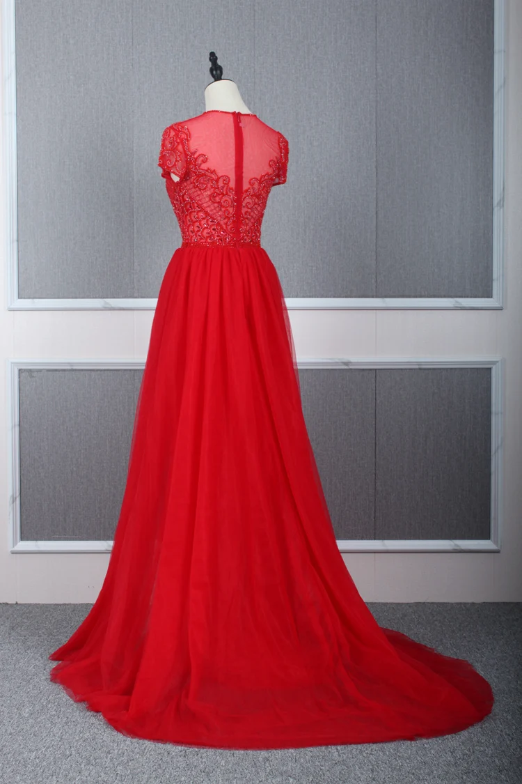 Luxury Real Image Red Gown Beaded Crystals Sheer O Neck Short Sleeves Lace Evening Dress with Tulle Overskirt
