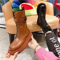 2020 new korean lace up buckle martin boots mid tube boots motorcycle boots smoke boots belt buckle womens shoes