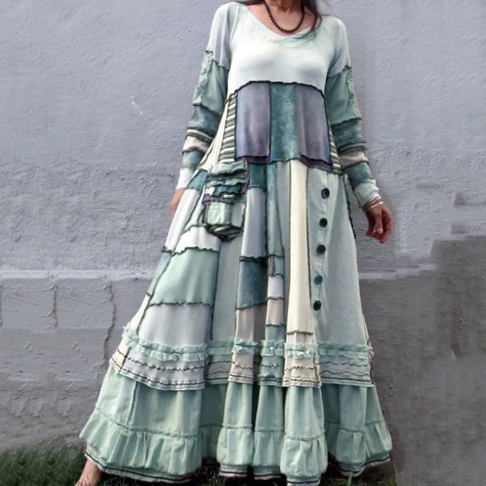 Лоскутное дизайнерское женское осеннее платье макси зимнее винтажное большого