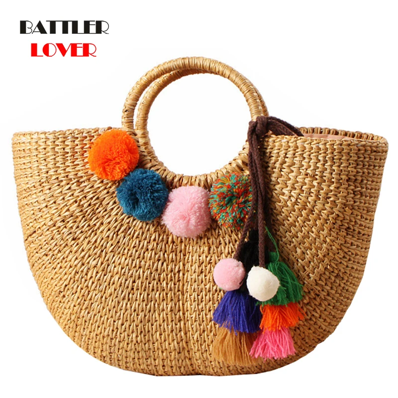 

Summer Beach Handbags For Women 2021 Hairballs Pendant Design Purses Female Hollow Out Bucket Bags Ladies Bohemian Casual Totes