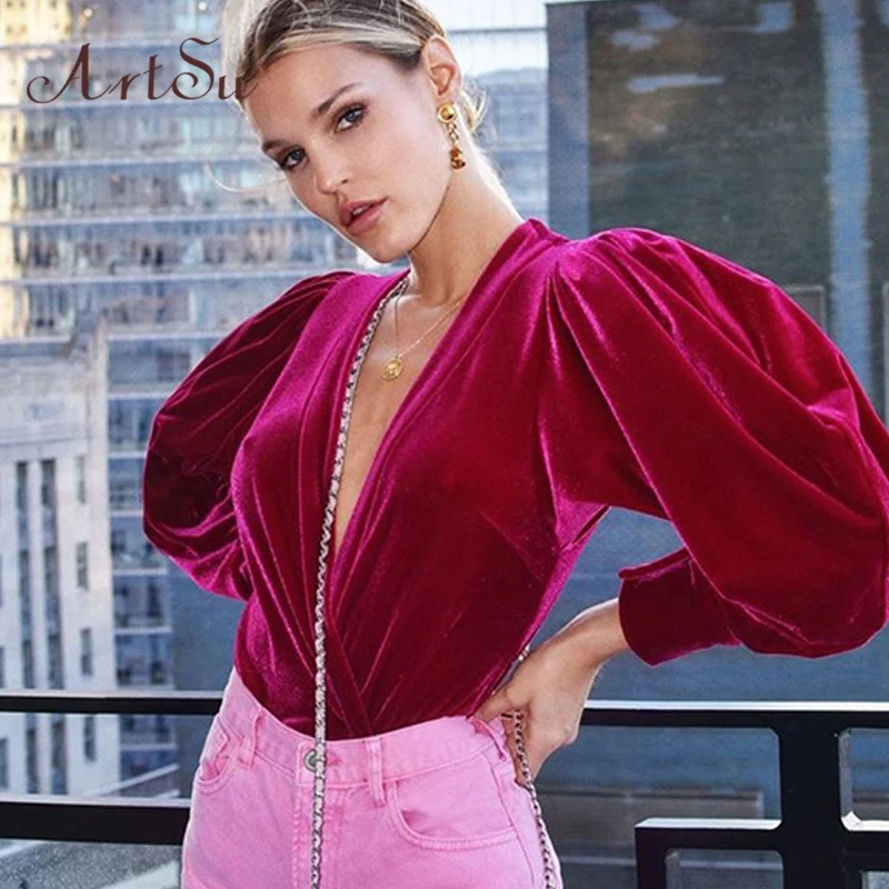 Женское бархатное боди с длинным рукавом Artsu облегающее V образным вырезом весна