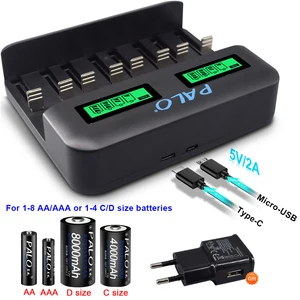 palo 8 slots lcd display usb smart battery charger for aa aaa sc c d size rechargeable battery 1 2v ni mh ni cd quick charger free global shipping