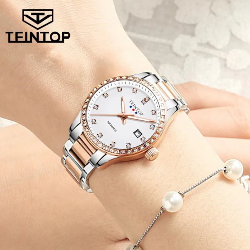 Delicate Women Crystals Watches Self-wind Mechanical Wrist watch Business Statement Full Steel Watches Automatic Calendar Montre