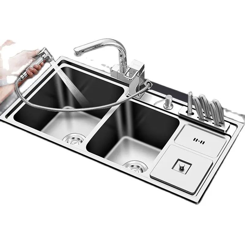 

Stainless Steel Nano Sink with Trash Can Multi-function Kitchen Sink Above Counter Thickened Double Slot Kitchen Bowl Farm Sink