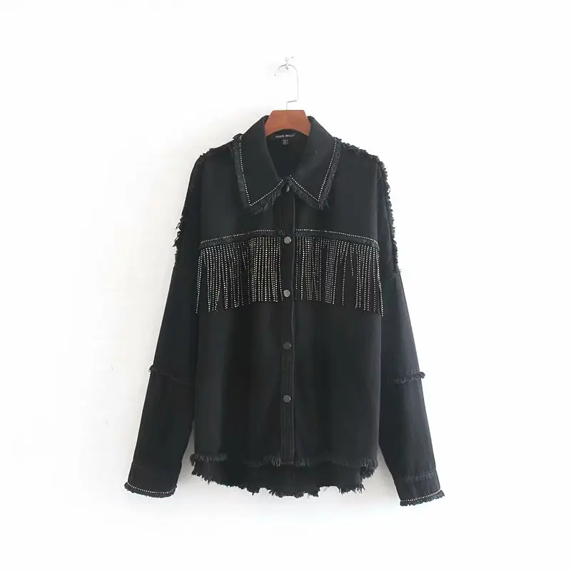 

Army Green Lapel Stylish Oversized Beading Decorate Denim Women Jacket Tassel Long Sleeve Coat Female Outwear Loose Tops Black