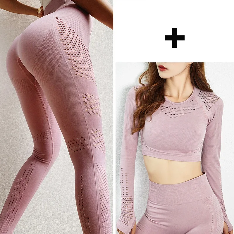 Pink Suit Женские Бесшовные штаны для йоги, высокая талия, Спортивные Леггинсы, для спортзала, фитнеса, тренировок, полые длинные колготки для бега, для девушек, сексуальные S-L - Цвет: Pink Suit