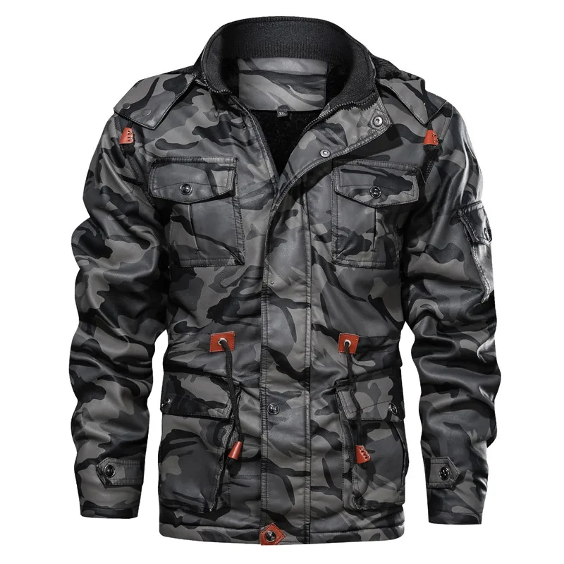 

Leather Jacket Men Winter Fleece Thick Windbreakers Motorcycle Camouflage Windproof Pu Coat Men Hip Hop Streetwear Hooded Jacket