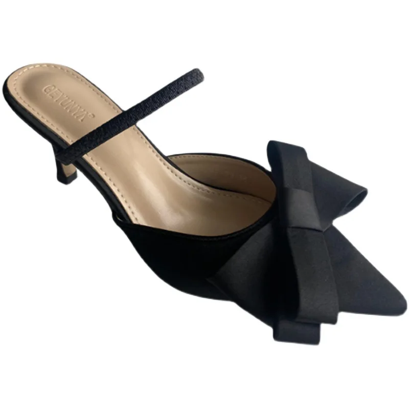 

Low Female Shoes Thin Heels Ladies' Slippers Heeled Mules Pointed Toe Butterfly-Knot Luxury Slides 2021 High Designer Fashion Ro